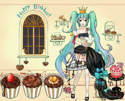 Rule 34 | 1girl, anko kinako, aqua eyes, aqua hair, bird, cake, candy, crown, dress, duck, female focus, fishnet gloves, fishnets, food, gloves, hatsune miku, indoors, legs, long hair, panties, pastry, piano print, smile, solo, striped clothes, striped panties, twintails, underwear, very long hair, vocaloid
