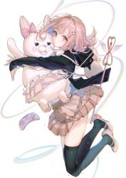Rule 34 | 1girl, animal ears, backpack, bag, black jacket, black thighhighs, blush stickers, bow, breasts, cable, commentary request, controller, danganronpa (series), danganronpa 2: goodbye despair, ear ribbon, flipped hair, frills, full body, game controller, hair ornament, hairclip, highres, hood, hug, jacket, legs up, light brown hair, long sleeves, looking at viewer, medium hair, miniskirt, nanami chiaki, open clothes, pink eyes, pink footwear, pink hair, pleated skirt, rumoon, shirt tucked in, shoes, skindentation, skirt, staff, thighhighs, usami (danganronpa), white background, wings