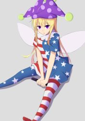 Rule 34 | 1girl, american flag dress, american flag legwear, american flag shirt, bad id, bad pixiv id, blonde hair, clownpiece, fairy wings, grey background, hat, jester cap, long hair, looking at viewer, open mouth, pantyhose, print pantyhose, purple eyes, short sleeves, simple background, sitting, solo, star (symbol), striped clothes, striped pantyhose, touhou, wings, xialuluo (sharuro)