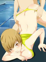Rule 34 | 1girl, all fours, alternate breast size, ass, atlus, bikini, blush, breasts, butt crack, cleavage, clothed sex, covering privates, large breasts, nipples, persona, persona 4, satonaka chie, sex, swimsuit, uk-violet