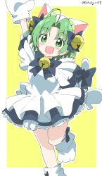 Rule 34 | 1girl, absurdres, ahoge, animal ears, animal hat, apron, arm up, bare legs, bell, blush stickers, cat ears, cat hat, cat tail, choker, cynical (llcbluckg c004), dejiko, di gi charat, gloves, green hair, hair ornament, hat, highres, jingle bell, leg up, looking at viewer, maid apron, paw shoes, ribbon, ribbon choker, short hair, signature, simple background, smile, solo, tail, tail ornament, tail ribbon