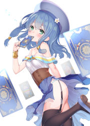Rule 34 | 1girl, arm up, ass, bare shoulders, blue hair, blue panties, blue skirt, blush, breasts, brown thighhighs, card, closed mouth, coffee cat, commentary request, covered mouth, endro!, flower, from side, garter straps, green eyes, hair between eyes, hair ornament, hairband, hat, holding, holding card, jewelry, leg up, long hair, looking at viewer, meiza endust, multicolored clothes, off-shoulder shirt, off shoulder, panties, see-through, shirt, shoes, sidelocks, skirt, small breasts, solo, standing, thighhighs, underwear, white flower