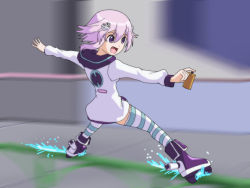 Rule 34 | 10s, 1girl, canadawbd, company connection, d-pad, d-pad hair ornament, female focus, gradient background, hair ornament, hood, hoodie, jet set radio, neptune (neptunia), neptune (series), purple eyes, purple footwear, purple hair, short hair, skates, smile, solo, spray can, striped clothes, striped thighhighs, thighhighs