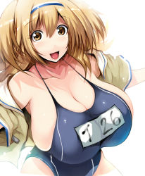 Rule 34 | 10s, 1girl, breasts, brown eyes, clothes writing, hairband, huge breasts, i-26 (kancolle), kantai collection, light brown hair, long hair, looking at viewer, name tag, new school swimsuit, one-piece swimsuit, open clothes, open mouth, sailor collar, school swimsuit, smile, solo, swimsuit, swimsuit under clothes, tsukasawa takamatsu, two-tone hairband, two side up, white background