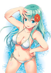 Rule 34 | 10s, 1girl, :p, awa yume, bikini, blue eyes, blush, breasts, cleavage, collarbone, flower, gradient background, green hair, hair flower, hair ornament, hibiscus, kantai collection, long hair, looking at viewer, navel, side-tie bikini bottom, smile, solo, suzuya (kancolle), swimsuit, tongue, tongue out, v
