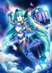 Rule 34 | 1girl, aqua eyes, aqua hair, arm up, blue gloves, clothing request, cloud, commentary, crescent moon, full body, galaxy, glint, gloves, hair ornament, hatsune miku, headphones, headset, kurisu sai, leg armor, lens flare, long hair, looking at viewer, moon, navel, open mouth, see-through, see-through sleeves, sky, smile, sparkle, star (sky), star (symbol), starry sky, thighhighs, train, twintails, very long hair, vocaloid