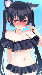 Rule 34 | 1girl, animal ear fluff, animal ears, bikini, bikini skirt, black hair, blue archive, blush, breasts, cat ears, cat girl, cowboy shot, hair ribbon, highres, index finger raised, long hair, looking to the side, mochalens, navel, nose blush, off-shoulder bikini, off shoulder, pink eyes, ribbon, serika (blue archive), serika (swimsuit) (blue archive), small breasts, smile, solo, sweat, swimsuit, thigh gap, twintails, very long hair
