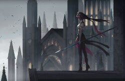 Rule 34 | 1girl, artist name, bare shoulders, bird, black footwear, black skirt, black veil, boots, breasts, building, cathedral, coif, commentary request, elbow gloves, flock, from side, genshin impact, gloves, high heel boots, high heels, highres, holding, holding polearm, holding weapon, light particles, looking to the side, medium breasts, nun, on roof, outdoors, overcast, pantyhose, polearm, purple hair, purple pantyhose, rosaria (genshin impact), scenery, shirt, short hair, sidelocks, skirt, sky, sleeveless, sleeveless shirt, solo, someaka, stained glass, standing, veil, vision (genshin impact), weapon, white gloves, white shirt, window