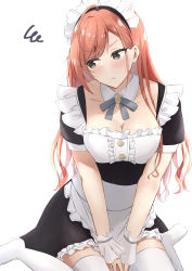 Rule 34 | 1girl, :t, absurdres, alternate costume, arisugawa natsuha, breasts, cleavage, collarbone, detached collar, enmaided, highres, idolmaster, idolmaster shiny colors, looking away, maid, maid headdress, neck ribbon, orange hair, own hands together, pout, ribbon, simple background, sitting, solo, squiggle, thighhighs, toretate saburou, v-shaped eyebrows, wariza, white background, wrist cuffs
