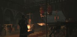 Rule 34 | 1boy, blood, bloodborne, blurry, coat, commentary, dark, depth of field, from behind, hat, hunter (bloodborne), intravenous drip, pool of blood, scenery, snatti, trench coat