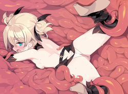 Rule 34 | 1girl, ahoge, aqua eyes, ass, back, bare shoulders, black skirt, black thighhighs, blade (galaxist), blonde hair, blush, breasts, elbow gloves, from above, gloves, hair ribbon, high heels, imminent rape, looking back, lying, monster, on stomach, open mouth, original, panties, pointy ears, restrained, ribbon, short hair, short twintails, skirt, small breasts, solo, spread legs, sweat, tentacles, thighhighs, twintails, underwear, white panties