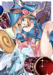 Rule 34 | 1girl, absurdres, bare shoulders, blonde hair, blue-eyes white dragon, blue eyes, blue footwear, blue headwear, blush, blush stickers, book, boots, breasts, choker, dark magician girl, dragon, duel monster, green eyes, hat, hexagram, highres, holding, holding wand, large breasts, long hair, magic cylinder, nataro 1116, open mouth, pentacle, pentagram, smile, staff, wand, wizard hat, yu-gi-oh!, yu-gi-oh! duel monsters