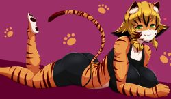 Rule 34 | (safurantora), 1girl, absurdres, blonde hair, breast rest, breasts, furry, furry female, green eyes, highres, large breasts, looking at viewer, lying, on stomach, saffron, safurantora, smile, solo, sports bra, tiger
