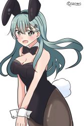 Rule 34 | absurdres, animal ears, aqua eyes, aqua hair, bare shoulders, black leotard, black pantyhose, bow, bowtie, breasts, cleavage, detached collar, fake animal ears, highres, kantai collection, leotard, medium breasts, noruren, open mouth, pantyhose, playboy bunny, rabbit ears, rabbit tail, smile, solo, strapless, strapless leotard, suzuya (kancolle), tail, wrist cuffs