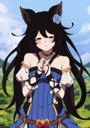Rule 34 | 1girl, animal ears, bare shoulders, belt, black hair, blue dress, blurry, blurry background, blush, breasts, bridal gauntlets, choker, cloud, day, detached sleeves, dress, flower, granblue fantasy, hair flower, hair ornament, half-closed eyes, hands up, lips, long hair, mifuta, nier (granblue fantasy), outdoors, own hands together, parted lips, sleeveless, sleeveless dress, small breasts, solo, upper body