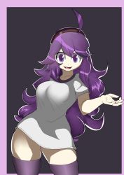Rule 34 | 1girl, @ @, ahoge, arm behind back, black background, border, bottomless, breasts, collarbone, creatures (company), game freak, geo-tempest, hair ornament, hairband, hand up, hex maniac (pokemon), highres, large breasts, legs apart, long hair, looking at viewer, matching hair/eyes, nintendo, npc trainer, open mouth, pokemon, pokemon xy, purple border, purple eyes, purple hair, purple hairband, purple thighhighs, shirt, short sleeves, simple background, skindentation, smile, solo, standing, thighhighs, wavy mouth, white shirt