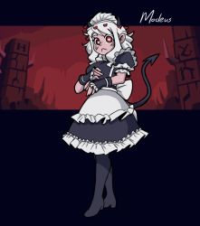 Rule 34 | 1girl, alternate costume, apron, black dress, black footwear, black horns, blush, boots, breasts, character name, commentary, demon girl, demon horns, demon tail, dress, enmaided, frilled dress, frilled sleeves, frills, frown, full body, heart, heart-shaped pupils, helltaker, horns, looking at viewer, maid, maid headdress, mateus upd, modeus (helltaker), puffy short sleeves, puffy sleeves, red eyes, short sleeves, solo, symbol-shaped pupils, tail, thigh boots, thighhighs, waist apron