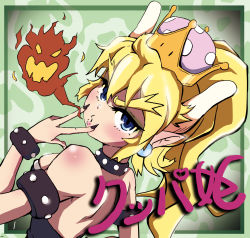 Rule 34 | &#039;3&#039;, 1girl, bare shoulders, black dress, blonde hair, blue eyes, bowser logo, bowsette, bracelet, breasts, collar, crown, dress, earrings, female focus, fire, highres, horns, jewelry, mario (series), nail polish, new super mario bros. u deluxe, nintendo, open mouth, pointy ears, smile, solo, spiked bracelet, spiked collar, spikes, super crown