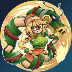 Rule 34 | 1girl, arms (game), beanie, blonde hair, bob cut, dragon (arms), eye mask, green eyes, hand on own hip, hat, highres, inacmaster, min min (arms), short hair, solo