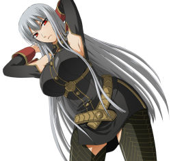 Rule 34 | armpits, arms behind head, belt, breasts, detached sleeves, grey hair, kenji t1710, large breasts, long hair, military, military uniform, pixiv thumbnail, red eyes, resized, selvaria bles, senjou no valkyria, senjou no valkyria (series), senjou no valkyria 1, silver hair, simple background, solo, thighhighs, uniform, very long hair