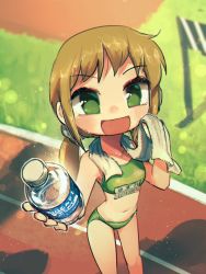 Rule 34 | 1girl, :d, absurdres, borrowed character, bottle, brown hair, female focus, from above, grass, green eyes, highres, holding, holding bottle, kyo-yan, looking at viewer, navel, open mouth, original, outdoors, ponytail, porforever, running track, shadow, smile, solo, sports bikini, towel, towel around neck, track and field, track uniform, twintails, water bottle, wiping face