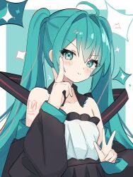 Rule 34 | 1girl, absurdres, bare shoulders, black skirt, black sleeves, blue background, blue eyes, blue hair, blush, border, closed mouth, coco irasuto, collarbone, detached collar, detached sleeves, diamond (shape), hair between eyes, hair ornament, hand up, hatsune miku, highres, long hair, long sleeves, looking at viewer, number tattoo, outside border, pleated skirt, shirt, sidelocks, skirt, smirk, solo, tattoo, twintails, upper body, v, v-shaped eyebrows, very long hair, vocaloid, w, white border, white shirt