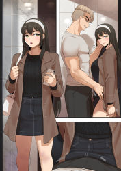Rule 34 | 1boy, 1girl, absurdres, ah-lyong lee, bad id, bad pixiv id, black hair, black pants, black skirt, black sweater, blonde hair, brown coat, bulge, carrying bag, cellphone, closed mouth, clothes lift, coat, comic, from side, green bag, hairband, hand on another&#039;s face, hetero, highres, holding, holding phone, lifting another&#039;s clothes, long hair, long sleeves, looking away, looking to the side, motion lines, muscular, muscular male, open clothes, open coat, original, panties, pants, phone, profile, shirt, short sleeves, skirt, skirt lift, smartphone, standing, straight hair, sweater, t-shirt, underwear, white bag, white hairband, white panties, white shirt, yellow eyes