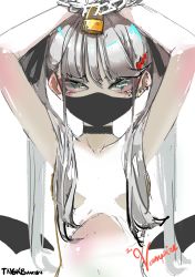 Rule 34 | 1girl, arms up, bound, bound wrists, choker, ear piercing, earrings, hatsune miku, highres, jewelry, long hair, mask, mouth mask, petite, piercing, sketch, solo, stud earrings, thighhighs, tngkbmarlon, vampire (vocaloid), vocaloid, white hair
