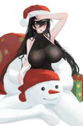 Rule 34 | 1girl, absurdres, arm up, azur lane, black hair, blush, bodystocking, box, breasts, covered collarbone, crossed bangs, fur-trimmed headwear, fur trim, gift, gift box, hand to forehead, hat, highres, huge breasts, large breasts, long hair, looking at viewer, open mouth, red eyes, red hat, red nails, sack, santa hat, sitting, sleeveless, sleeveless turtleneck, snowman costume, solo, taihou (azur lane), turtleneck, user vzzn2855, very long hair, white background