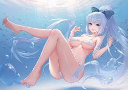 Rule 34 | 1girl, air bubble, barefoot, bikini, blue eyes, breasts, bubble, feet, full body, gu tao, hair ribbon, highres, jewelry, large breasts, long hair, looking at viewer, navel, necklace, open mouth, original, ponytail, ribbon, silver hair, smile, soles, solo, swimsuit, thighs, toes, underwear, very long hair