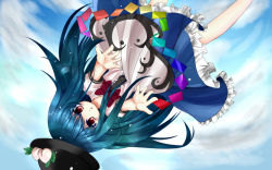 Rule 34 | 1girl, blue hair, bow, cloud, dress, female focus, food, fruit, hat, hinanawi tenshi, long hair, oumi hi, outstretched arms, peach, red eyes, ribbon, short sleeves, sky, solo, touhou
