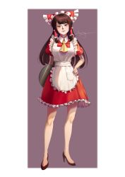Rule 34 | 1girl, absurdres, adapted costume, alternate costume, apron, bow, brown eyes, brown hair, browning00936, contrapposto, enmaided, frills, full body, hair bow, hair tubes, hakurei reimu, hand on own hip, high heels, highres, long hair, looking at viewer, maid, maid headdress, purple background, simple background, smile, solo, standing, tail, touhou, white background