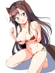 Rule 34 | 1girl, animal ears, barefoot, bikini, blush, breasts, brown hair, deego (omochi bazooka), fang, highres, imaizumi kagerou, kneeling, large breasts, long hair, looking at viewer, open mouth, red eyes, side-tie bikini bottom, simple background, solo, swimsuit, tail, touhou, white background, wolf ears, wolf tail