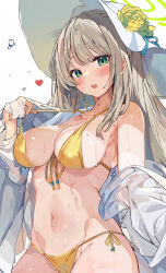Rule 34 | 1girl, bikini, blue archive, blush, breasts, brown hair, flower hat, green eyes, green flower, green halo, halo, hat, highres, large breasts, long hair, looking at viewer, miyakawa106, nonomi (blue archive), nonomi (swimsuit) (blue archive), official alternate costume, open mouth, side-tie bikini bottom, simple background, smile, solo, swimsuit, wet, white background, white hat, yellow bikini
