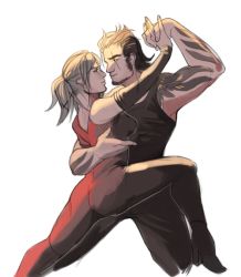 Rule 34 | 10s, 1boy, 1girl, aranea highwind, ass, breasts, dancing, dress, face-to-face, final fantasy, final fantasy xv, gladiolus amicitia, ponytail, red dress, tango, tattoo