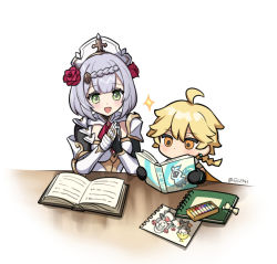 Rule 34 | 1boy, 1girl, aether (genshin impact), barbatos (genshin impact), blush, book, crayon, drawing, flower, genshin impact, hair flower, hair ornament, maid headdress, noelle (genshin impact), notepad, paper, qi2341, reading, rose, simple background, white background