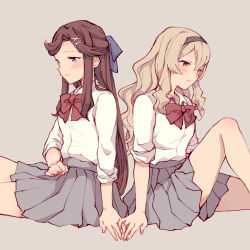 Rule 34 | 2girls, back-to-back, black hairband, blonde hair, blue bow, blush, bow, bowtie, brown hair, closed mouth, collared shirt, dress shirt, from side, grey background, grey skirt, hair between eyes, hair bow, hair ornament, hairband, half updo, holding hands, interlocked fingers, knee up, light smile, long hair, looking away, miniskirt, multiple girls, parted bangs, pleated skirt, purple eyes, red bow, red eyes, red neckwear, saijou claudine, school uniform, seishou music academy uniform, shirt, shirt tucked in, shoujo kageki revue starlight, sidelocks, simple background, sitting, skirt, sleeves past elbows, sleeves pushed up, sleeves rolled up, tendou maya, very long hair, wato (ko), wavy hair, white shirt, x hair ornament, yuri