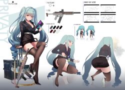 Rule 34 | 1girl, absurdres, alternate costume, black footwear, black shirt, black skirt, blue hair, blue ribbon, blush, bra, bra visible through clothes, breasts, brown thighhighs, character name, character sheet, cleavage, closed mouth, color guide, commentary, drill hair, earrings, english commentary, full body, gmg, goddess of victory: nikke, gun, high heels, highres, holographic interface, id card, jewelry, lanyard, light blue hair, long hair, long sleeves, looking at viewer, medium breasts, mini person, minigirl, miniskirt, multiple views, necklace, office lady, on one knee, panties, panty peek, pencil skirt, privaty (nikke), red bra, red panties, ribbon, see-through, see-through shirt, shirt, shirt tucked in, simple background, sitting, skirt, tablet pc, thighhighs, twintails, underwear, variations, very long hair, weapon, white background, yellow eyes, zettai ryouiki