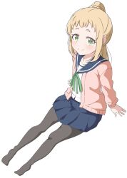 Rule 34 | 1girl, absurdres, black pantyhose, blonde hair, blue sailor collar, blush, closed mouth, crust gm0, dot nose, female focus, full body, green eyes, highres, inose mai, koisuru asteroid, long hair, looking at viewer, no shoes, open sweater, pantyhose, pink sweater, ponytail, sailor collar, school uniform, serafuku, simple background, skirt, smile, solo, sweater, white background
