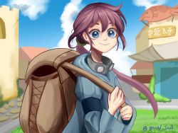 Rule 34 | 1girl, :&gt;, absurdres, artist name, backpack, bag, blue eyes, blue jacket, blue sky, brown bag, building, cloud, commentary request, eiul, goggles, goggles around neck, grass, highres, holding strap, jacket, korean commentary, long sleeves, low ponytail, original, outdoors, ponytail, purple hair, sidelocks, sky, smile, solo, twitter username, upper body