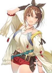 Rule 34 | 1girl, :d, arm up, atelier (series), atelier ryza, atelier ryza 1, bare legs, bare shoulders, belt, blush, breasts, brown eyes, cleavage, collarbone, cowboy shot, flask, gloves, hair ornament, hairband, hairclip, hat, highres, jewelry, large breasts, looking at viewer, natasha (pommier), navel, necklace, off-shoulder shirt, off shoulder, open mouth, puffy sleeves, red shorts, reisalin stout, shirt, short hair, short shorts, short sleeves, shorts, sidelocks, simple background, smile, solo, star (symbol), test tube, white background, white headwear, white shirt
