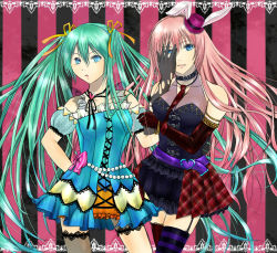 Rule 34 | 2girls, animal ears, asymmetrical clothes, avuzero, bad id, bad pixiv id, bare shoulders, belt, blue eyes, bow, bracelet, breasts, choker, cleavage, dress, elbow gloves, frills, gem, gloves, green hair, hair ribbon, hand over eye, hat, hatsune miku, heart, jewelry, large breasts, long hair, megurine luka, mini hat, mini top hat, multiple girls, pearl (gemstone), pink hair, plaid, pleated skirt, rabbit ears, ribbon, see-through, skirt, thighhighs, top hat, twintails, vocaloid, zettai ryouiki
