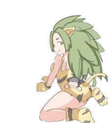 Rule 34 | 1girl, animal ears, arm support, ass, breasts, cat ears, cat tail, cham cham, green eyes, green hair, highres, kneeling, legs, long hair, looking at viewer, looking back, medium breasts, monkey, pointy hair, samurai spirits, seductive gaze, seductive smile, sideboob, smile, snk, solo, tail, thick thighs, thighs