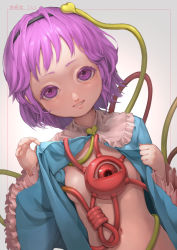Rule 34 | 1girl, blue shirt, breasts, dutch angle, frilled shirt collar, frilled sleeves, frills, grey background, hairband, hands up, heart, highres, komeiji satori, light smile, long sleeves, looking at viewer, nostrils, parted lips, purple eyes, purple hair, shirt, short hair, simple background, small breasts, solo, teeth, third eye, touhou, upper body, wide sleeves, yawdeone