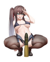 Rule 34 | 1girl, absurdres, alternate costume, ammunition, bikini, black bikini, black footwear, black thighhighs, blue eyes, blush, breasts, brown hair, cannon cartridge, female commander (girls&#039; frontline), full body, girls&#039; frontline, high-explosive cartridge, high-explosive squash head, high-explosive squash head tracer, highres, large-caliber cartridge, large breasts, long hair, looking at viewer, micro shorts, midriff, navel, nine (kanine41), open clothes, open mouth, open shorts, ponytail, shell (projectile), shorts, simple background, solo, squatting, swimsuit, termichan (not-a-bot), thighhighs, thighs, tongue, tongue out, tracer ammunition, underboob