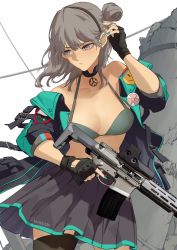 Rule 34 | 1girl, aac honey badger, advanced armament corporation, aqua nails, assault rifle, black gloves, black jacket, black skirt, black thighhighs, bra, bra strap, carbine, closed mouth, clothes pull, feet out of frame, fingerless gloves, girls&#039; frontline, gloves, green bra, grey hair, gun, hair bun, hairband, hand in own hair, highres, holding, holding gun, holding weapon, honey badger (girls&#039; frontline), integral suppressor, integrally-suppressed firearm, jacket, jacket pull, jewelry, lips, long hair, looking down, multicolored clothes, multicolored jacket, nail polish, necklace, personal defense weapon, purple eyes, q (firearms company), rifle, shinoda giri, side bun, simple background, single side bun, skirt, solo, standing, suppressor, thighhighs, twitter username, underwear, weapon