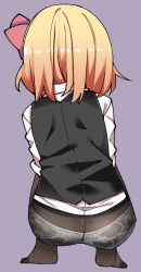 Rule 34 | 1girl, ass, black pantyhose, blonde hair, bow, from behind, full body, hair bow, no pants, no shoes, pantyhose, purple background, red bow, rumia, shamo (koumakantv), shirt, short hair, simple background, sleeveless, solo, squatting, touhou, white shirt