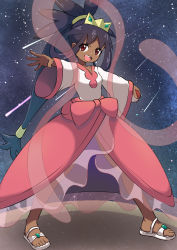 Rule 34 | 1girl, :d, absurdres, black hair, brown eyes, commentary request, creatures (company), dark-skinned female, dark skin, eyelashes, game freak, hair rings, highres, holding, holding poke ball, iris (pokemon), legs apart, looking at viewer, nintendo, okayusonmu, open mouth, outstretched arms, pink skirt, poke ball, poke ball (basic), pokemon, pokemon bw2, ponytail, sandals, shirt, skirt, smile, solo, standing, teeth, tiara, toes, tongue, upper teeth only, white footwear, white shirt