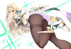 Rule 34 | 1girl, absurdres, ass, bare shoulders, black pantyhose, blonde hair, blush, breasts, daive, dress, earrings, elbow gloves, gloves, highres, jewelry, large breasts, long hair, looking at viewer, mythra (massive melee) (xenoblade), mythra (xenoblade), pantyhose, short dress, solo, swept bangs, thighs, tiara, very long hair, white dress, white gloves, xenoblade chronicles (series), xenoblade chronicles 2, yellow eyes