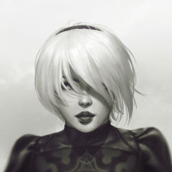 Rule 34 | 1girl, unworn blindfold, blurry, commentary, depth of field, eyebrows hidden by hair, greyscale, hair over one eye, hairband, krystopher decker, lips, looking at viewer, mole, mole under mouth, monochrome, nier (series), nier:automata, portrait, short hair, solo, 2b (nier:automata)